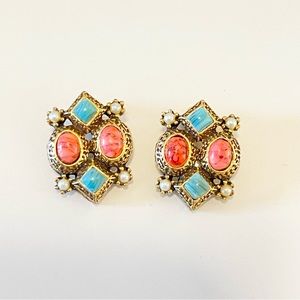 TARA Faux Turquoise/Coral/Pearl Clip on Earrings in Gold tone